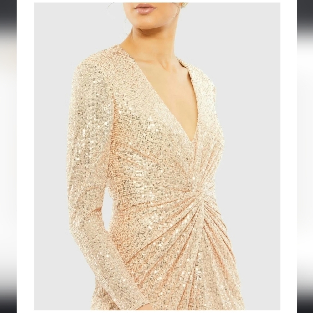 NWT! Ieena for Mac Duggal, Sequined High Low Front Twist Midi Dress, Rose Gold - Picture 3 of 10